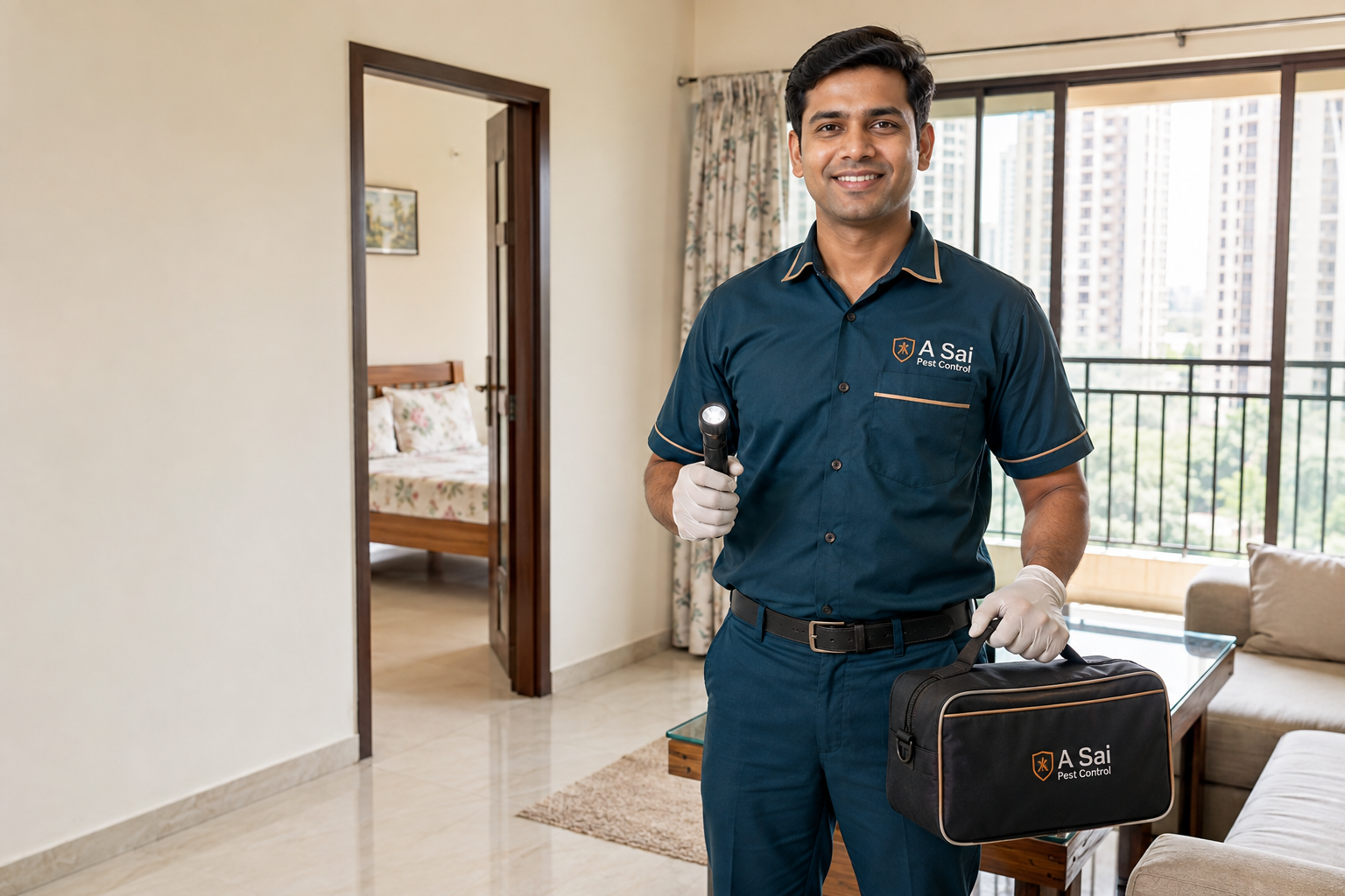 A Sai Pest Control technician with inspection kit ready for bed bug treatment in a Thane apartment