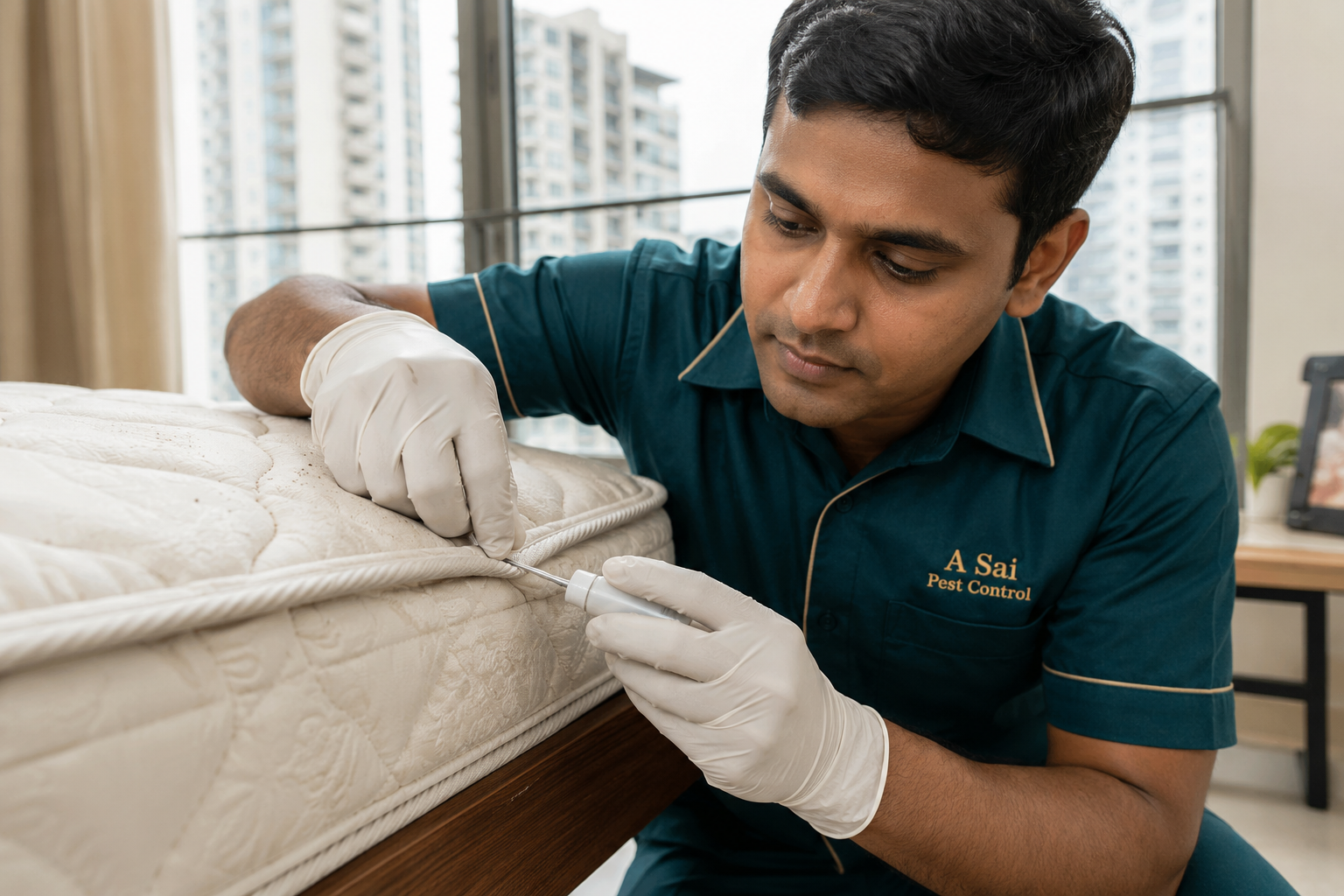 Precision treatment being applied into a mattress seam where bed bugs and eggs hide