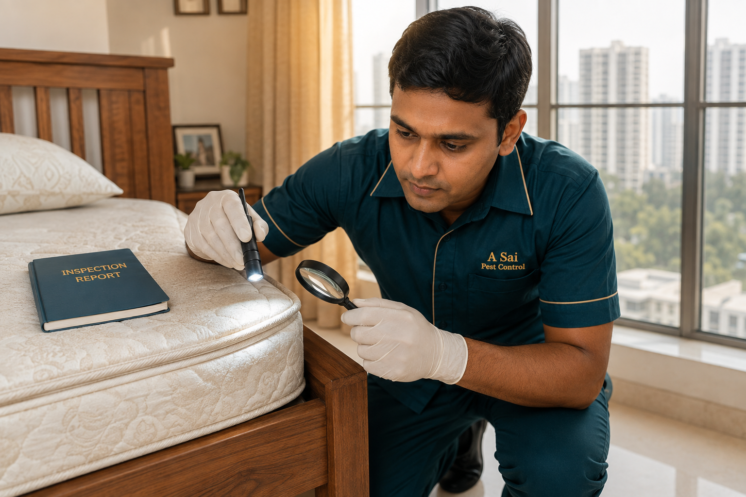 Technician inspecting a mattress seam with torch and magnifier during a bed bug inspection in Thane