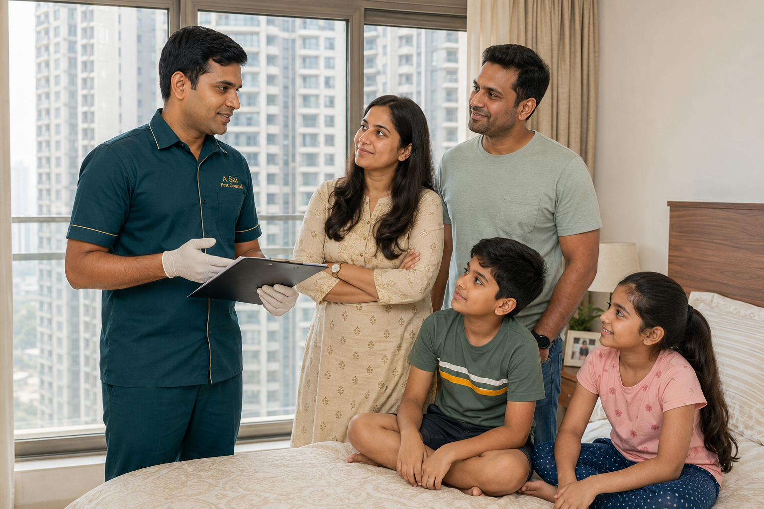 A Sai Pest Control technician explaining bed bug treatment preparation to a family in their Thane home