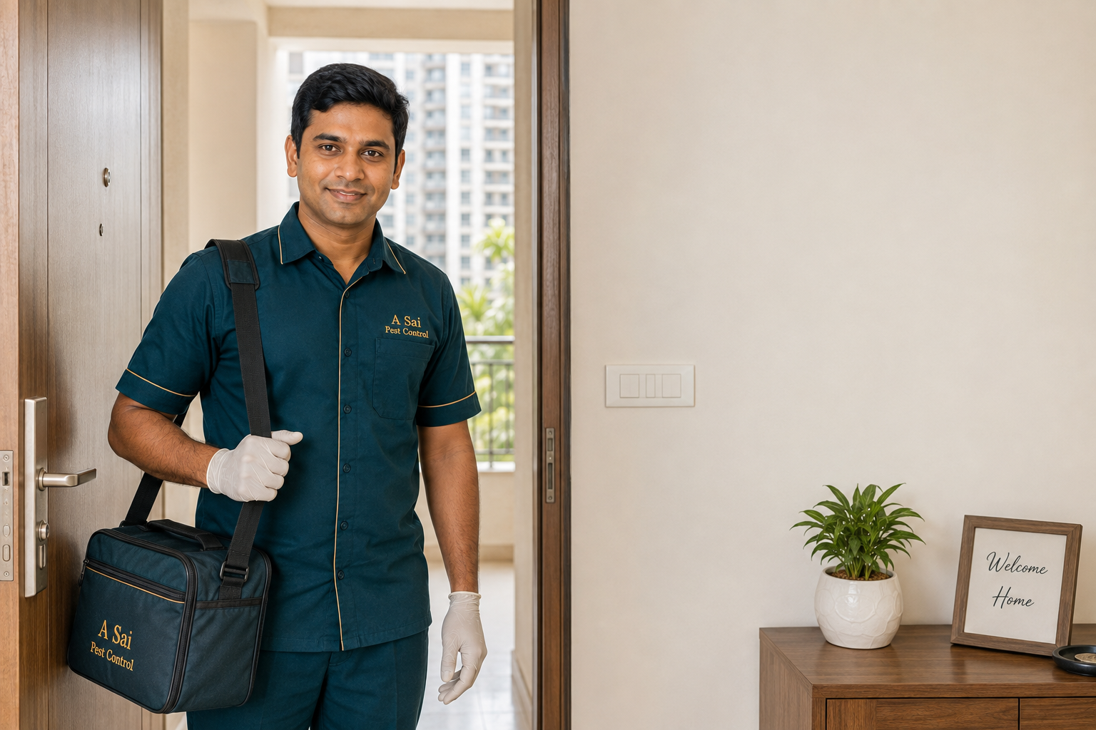 A Sai Pest Control technician arriving for a scheduled bed bug inspection in Thane