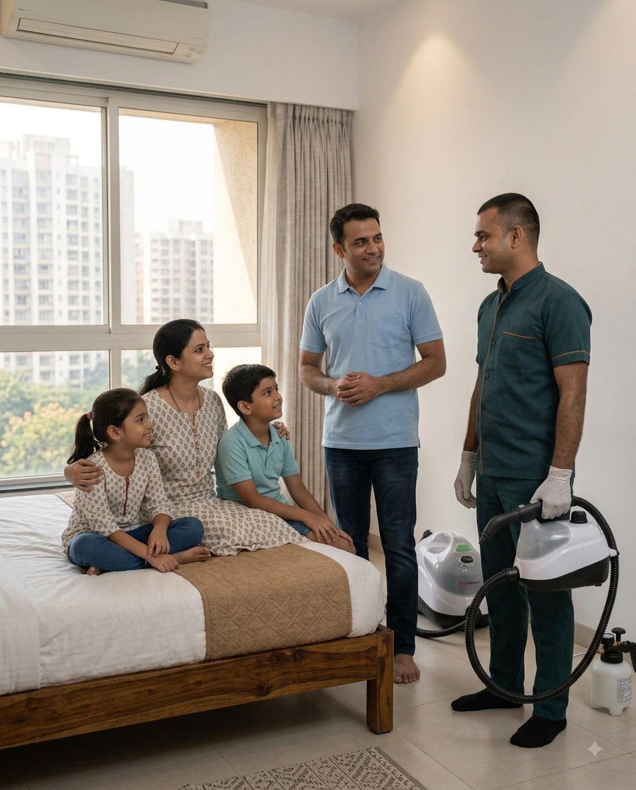 Family talking with A Sai Pest Control technician in their bedroom before treatment