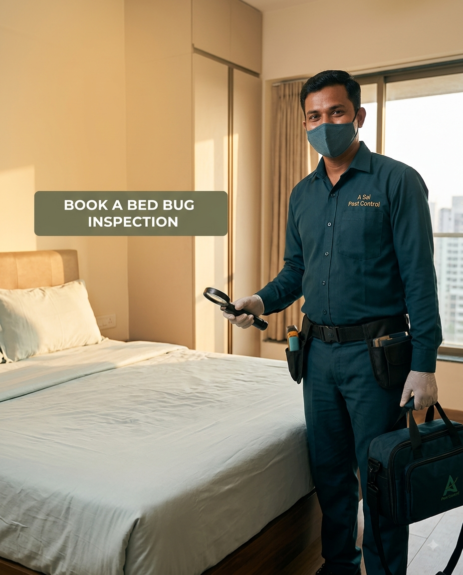 A Sai Pest Control technician inspecting a bedroom before a bed bug treatment, Mumbai