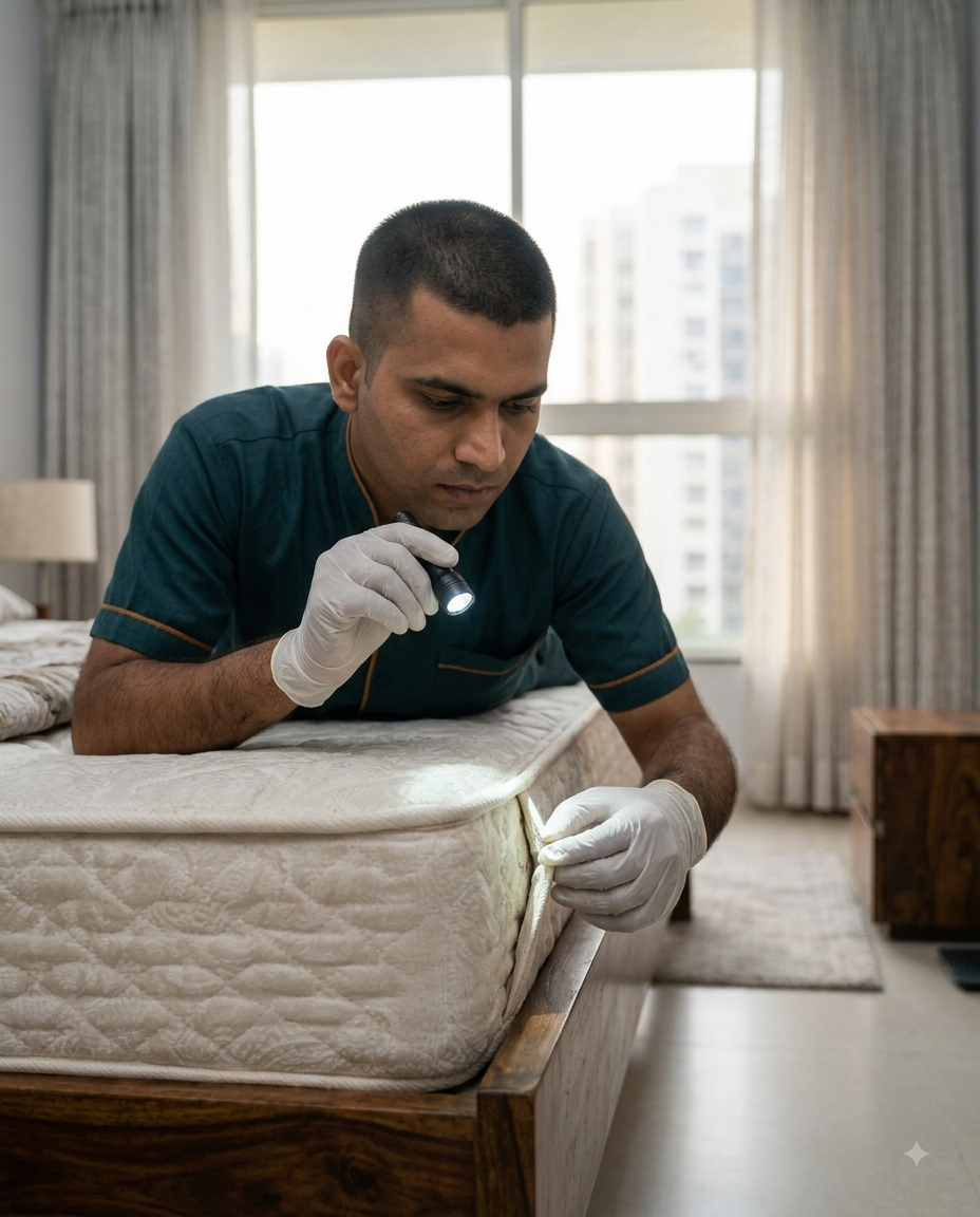 Technician inspecting mattress seams for bed bugs with a torch