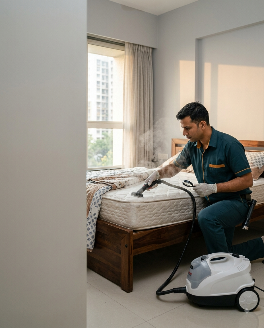 Technician applying thermal steam treatment to a mattress for bed bugs