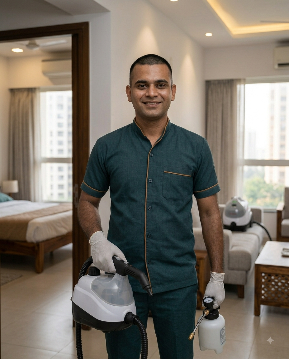A Sai Pest Control technician with steam treatment equipment